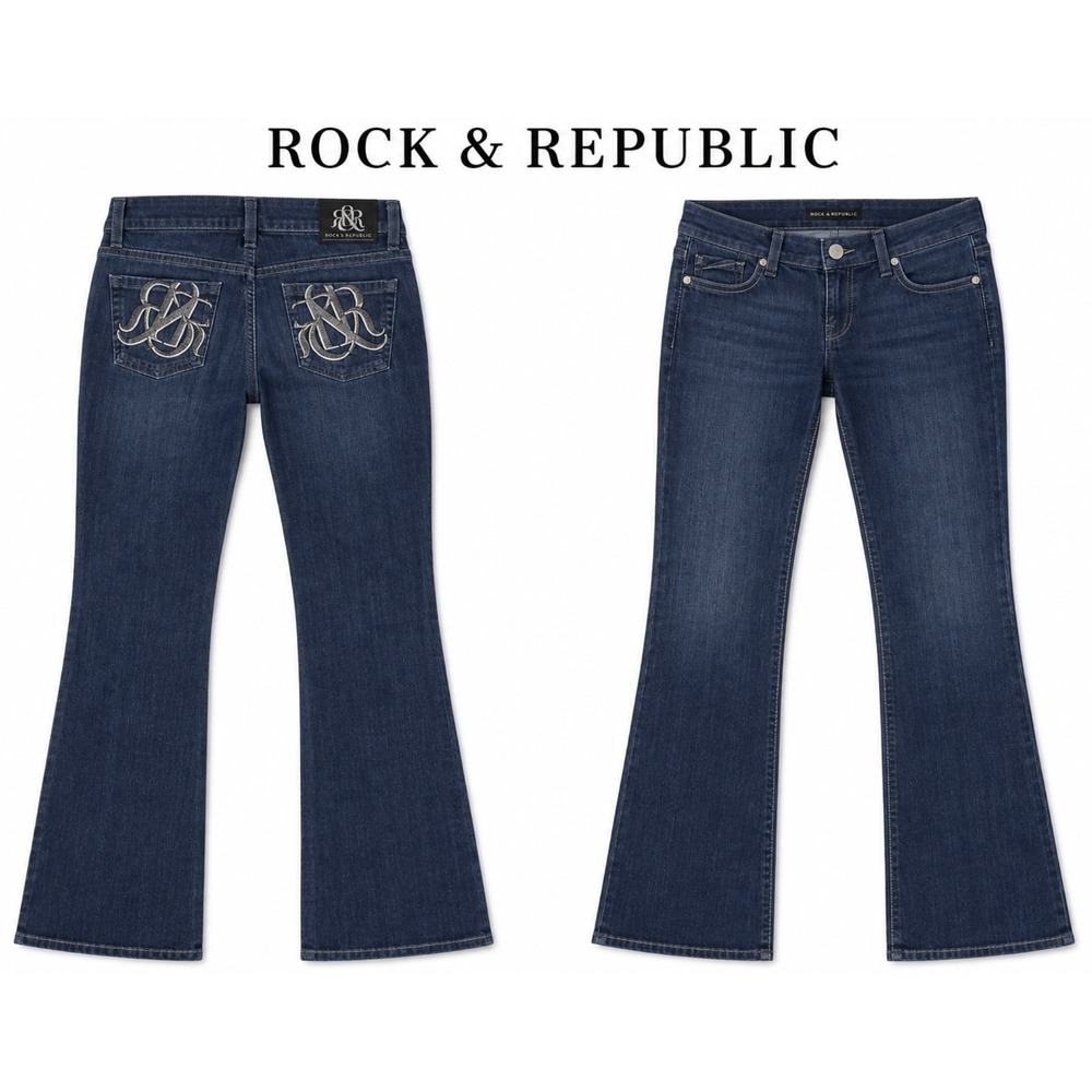 Rock & Republic Jeans Womens 29 Blue Bootcut Dark Wash Embroidered Logo Y2K